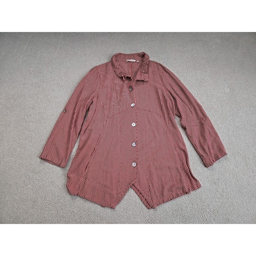 Soft Surroundings Women XL Orange Striped Shirt Button‎ Down Sasha Top Roll Tab